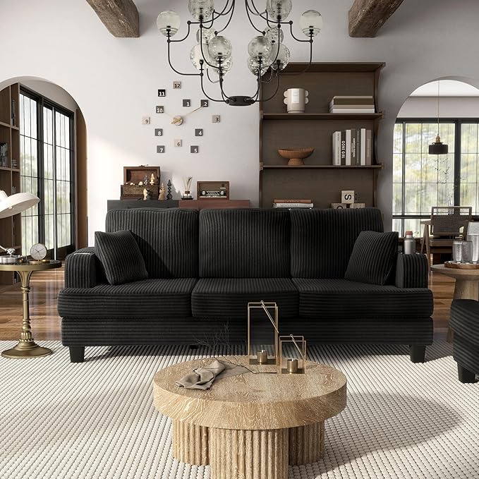 Homes: Inside + Out Reese Modern Plush Chenille Couch with Side Pockets, Cup Holders and USB Ports, Wooden Comfortable Sofa for Living Room, Bedroom and Office, Black