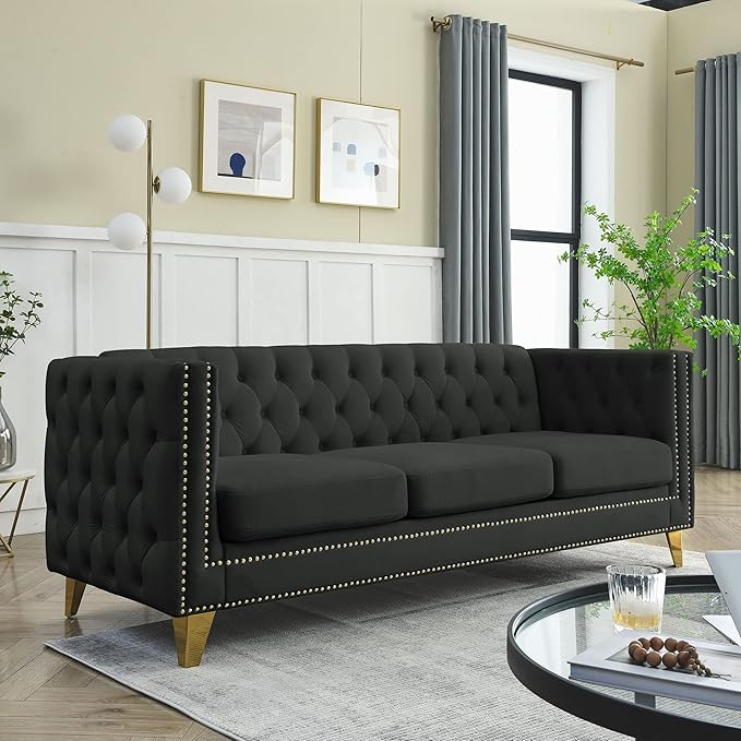 KEIKI Tufted Velvet 3 Seat Sofa Couch for Living Room, Buttons Tufted Square Arm Couch for Home Apartment, Black