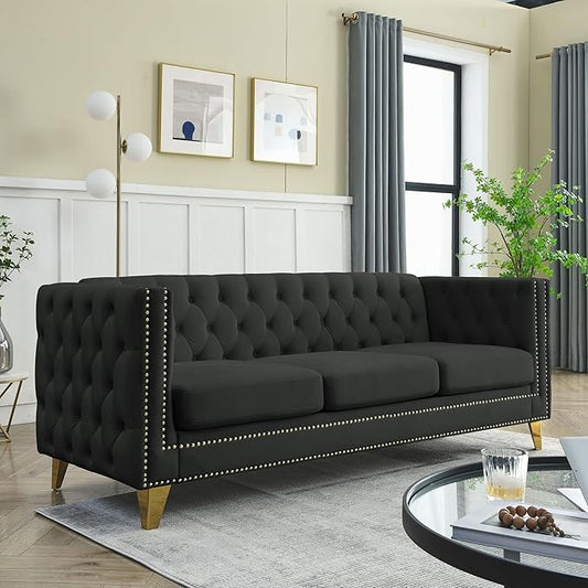 KEIKI Tufted Velvet 3 Seat Sofa Couch for Living Room, Buttons Tufted Square Arm Couch for Home Apartment, Black