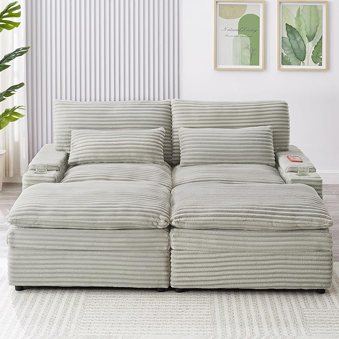 Modular Sectional Sofa Convertible Loveseat Couch,2-Seater Deep Seat Loveseat Sofas Fluffy Corduroy Cloud Couches with Movable Ottoman, Storage Armrest,USB Ports, Cup Holders