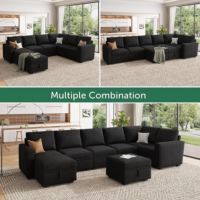 HONBAY Modular Sectional Couch with Storage, Velvet U-Shaped Sectional Sofa with Storage Ottoman Convertible U-Shaped Sofa for Living Room, Black