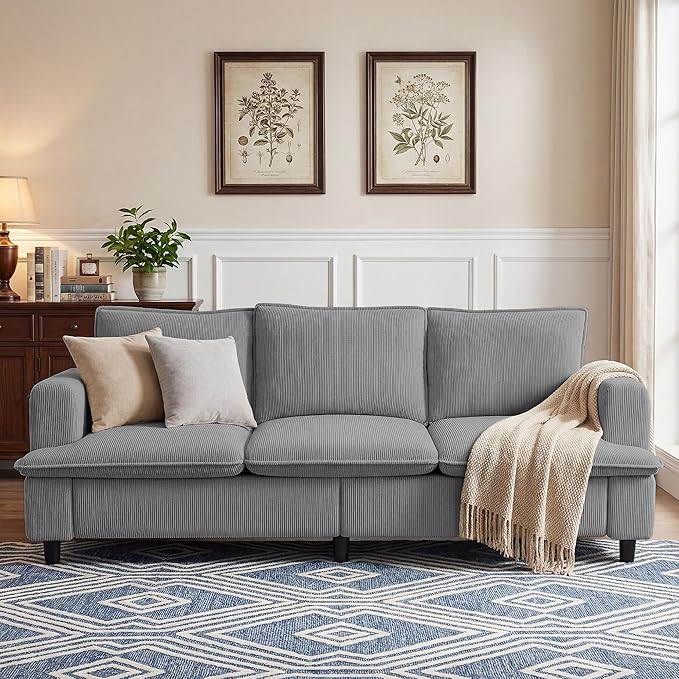3 Seater Couch, 83" Comfy Corduroy Sofa with Deep Seat, Modern Sofa Couch for Living Room, Office, Bedroom, Apartment (Pillows not Included)