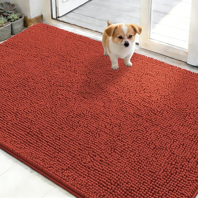 OLANLY Dog Door Mat for Muddy Paws 48x30, Absorbs Moisture and Dirt, Absorbent Non-Slip Washable Doormat, Quick Dry Chenille Mud Mat for Dogs, Entry Indoor Entryway Carpet for Inside Floor, Maple Red by OLANLY