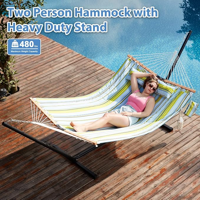 Homgava Two Person Hammock with Stand for Outside Heavy Duty, Outdoor Patio Hammock with Portable Steel Stand, Large Double Hammocks,480lbs Capacity.(Light Blue Stripes) - Image 2