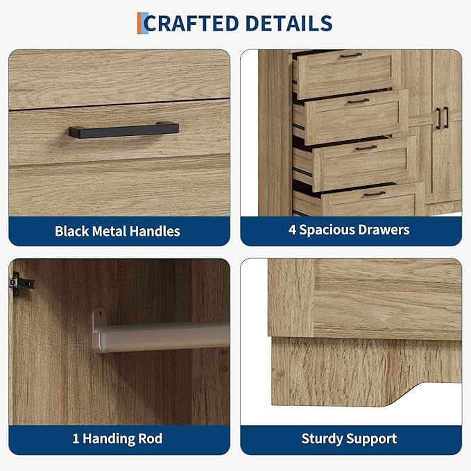 IDEALHOUSE 43.3'' H Armoire Wardrobe Closet with 4 Drawers and 2 Doors, Hanging Rod, Multifunctional Wooden Dresser with Storage Closet, Bathroom Cabinet for Bedroom, Natural Oak