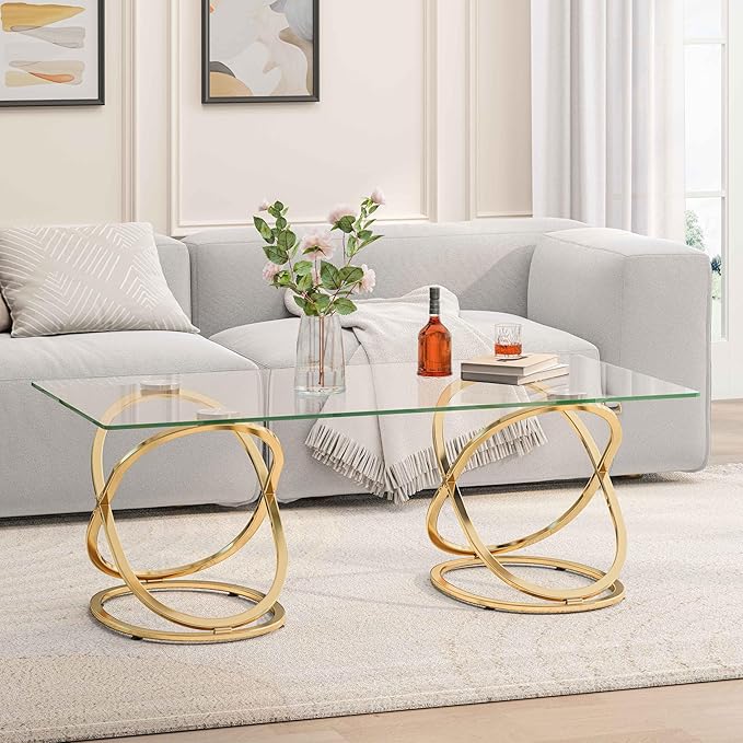 47" Rectangle Coffee Table with Tempered Glass Tabletop, Modern Gold Ring Base, Luxury Living Room Center Table