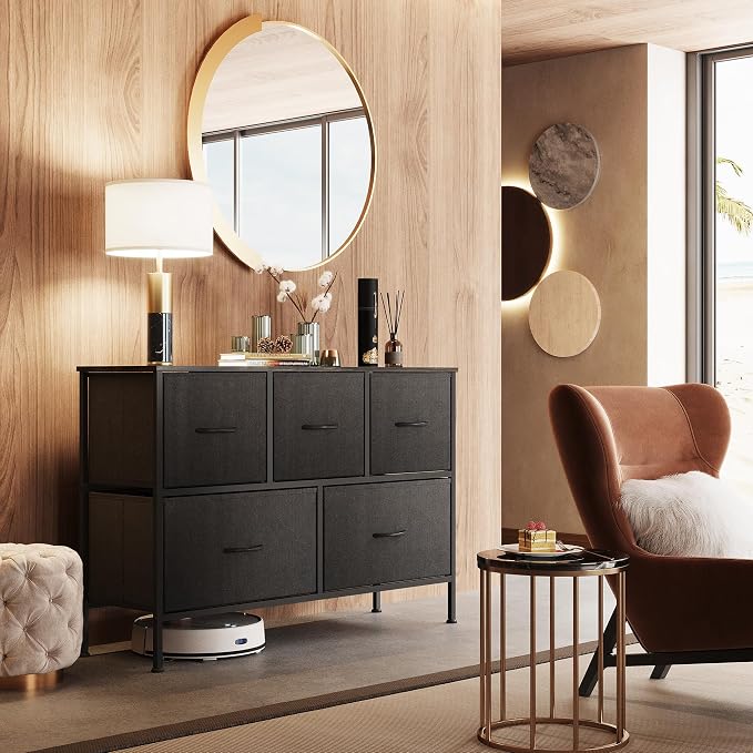 WLIVE Dresser for Bedroom with 5 Drawers, Long Fabric Dresser, Chest of Drawers, Storage Drawer Unit with Fabric Bins for Closet, Living Room, Hallway, Charcoal Black, Size L - Image 4