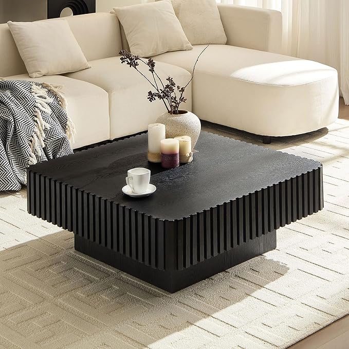 WILLIAMSPACE 35.43" Square Coffee Table with Sturdy Base, Modern Luxury Wood Drum Center Table Accent End Side Table for Living Room, Minimalist Fluted Design, Black