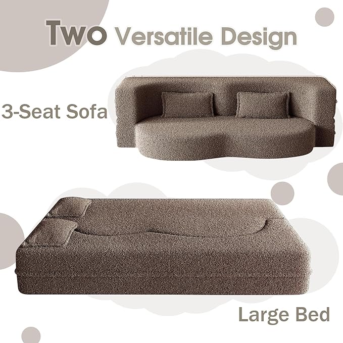 78" Convertible Sofa Bed, 2-in-1 Folding Floor Couch with 2 Pillows, Sleeper Sofa for Living Room and Bedroom, No Assembly Required (Brown, Teddy Fabric)