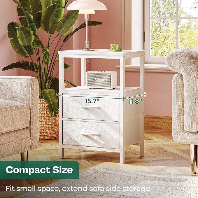 Huuger Nightstands Set of 2, End Tables with Charging Station, Side Tables with Fabric Drawers, Bedside Tables with USB Ports and Outlets, Night Stands, PU Leather, White - Image 6