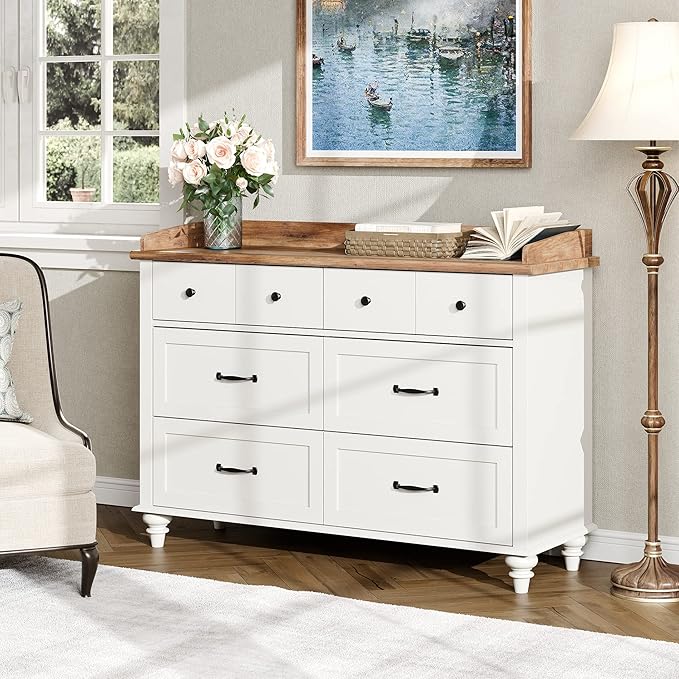 WAMPAT 3 Piece Dresser and Nightstand Sets, White Dresser & Chests of Drawers with 6 Drawers and Metal Handle, Mid-Century Modern Set of 2 End Tables with Charging Station, 3 Piece Bedroom Set