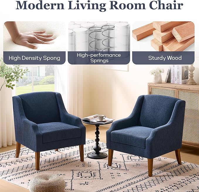 Accent Chair for Living Room Set of 2,No Assembly Upholstered Mid Century Modern Comfy Tufted Armchairs with Wooden Legs,Sofa Chairs for Bedroom, Reading Waiting Room Apartment Dark Blue