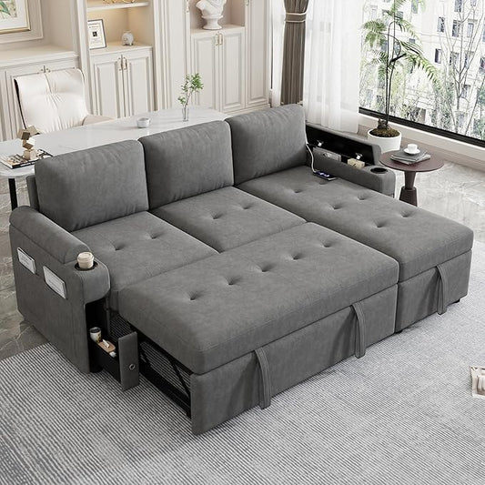 Eafurn 83.5" Sleeper Sectional Sofa with Pull Out Couch Bed, Convertible L-Shaped Sofa with Storage Chaise, Quick Assemble Sleeper Corner Sofa with Cup Holders & USB Ports
