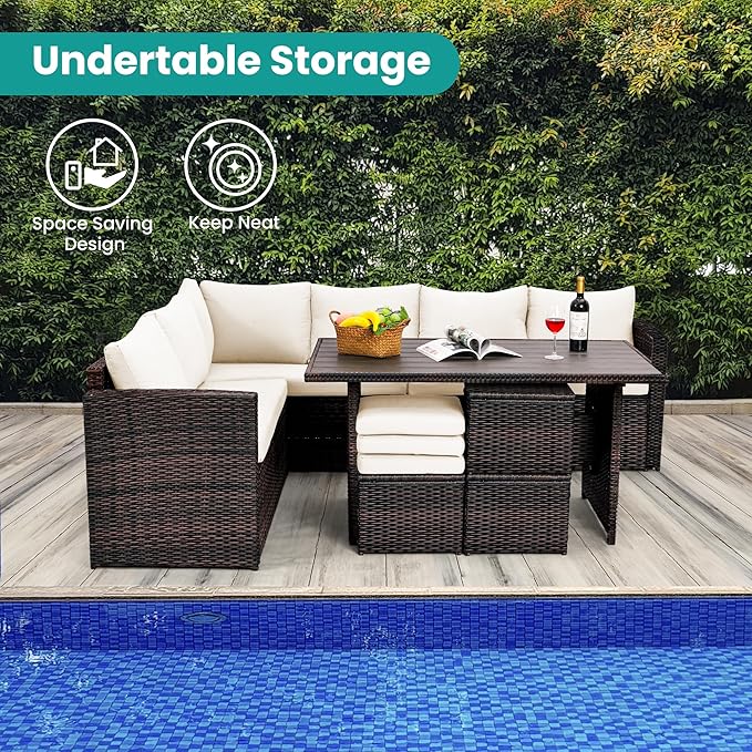 Patio Furniture Set, 7 Pieces Outdoor Patio Furniture with Dining Table&Chair, All Weather Wicker Conversation Set with Ottoman,Brown Rattan & Ivory Cushions (Include Sofa Dust Cover)