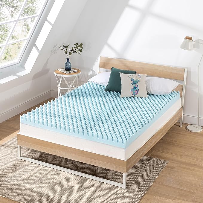 Best Price Mattress 4 Inch Egg Crate Memory Foam Mattress Topper with Cooling Gel Infusion, CertiPUR-US Certified, Dorm Essentials, Short Queen, Light Blue