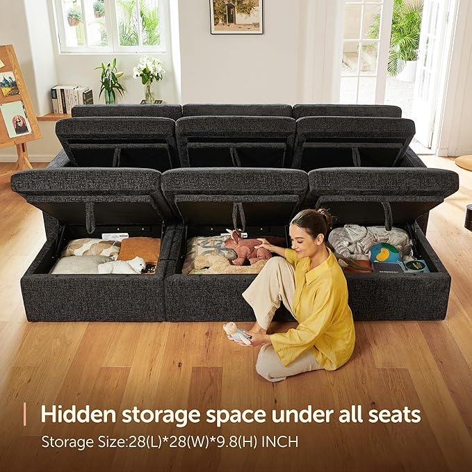 HONBAY Modular Sectional Sleeper Couch, Sectional Sofa with Storage Ottoman, Sleeper Sectional Couches for Living Room, Grey