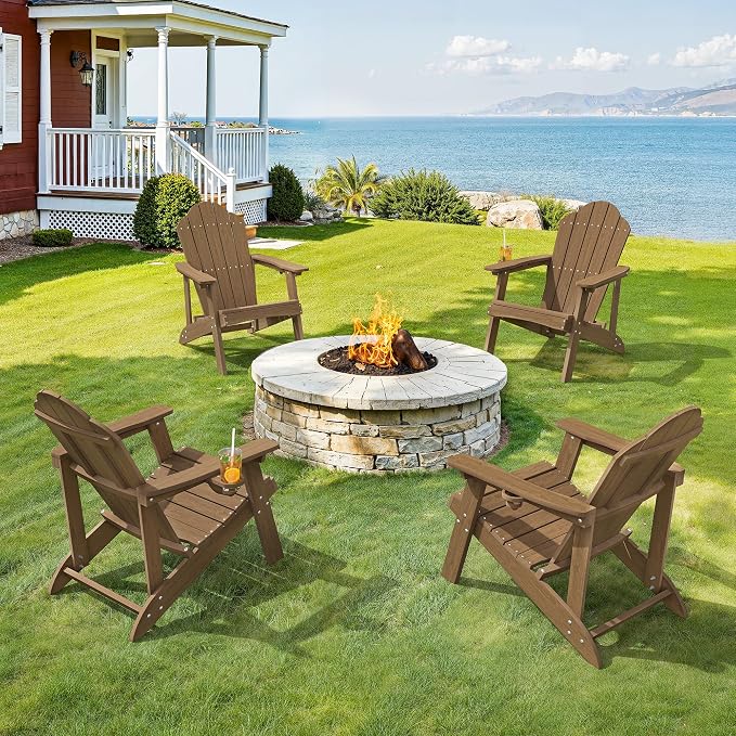 LUE BONA Wood-Grain HDPE Adirondack Chairs Set of 6 - Weather Resistant Outdoor Seating with Cup Holder, Ideal for Cabin, Deck, Fire Pit & Vacation Home, Brown by LUEBONA