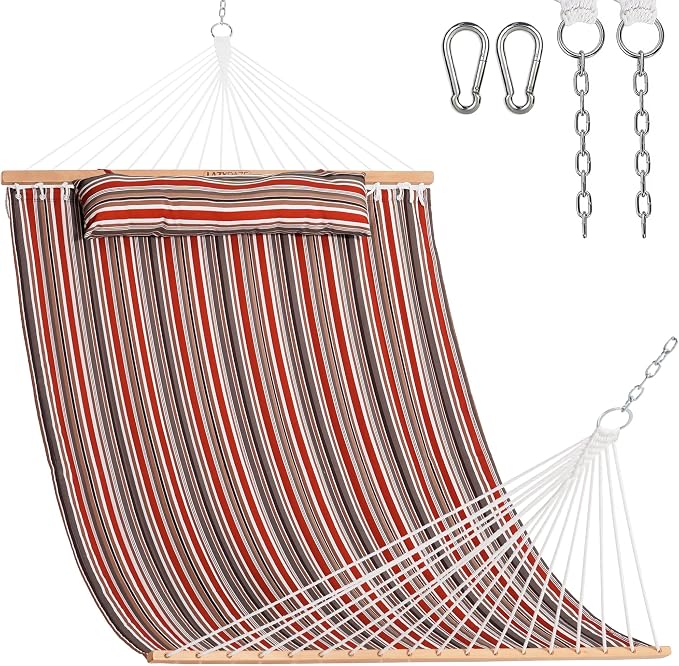 Lazy Daze Hammocks 12 FT Quilted Fabric Double Hammock with Spreader Bars and Detachable Pillow, 450lbs Weight Capacity, Red Brown by LazyDazeHammocks