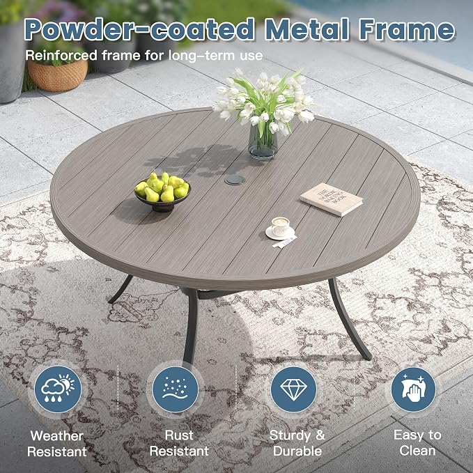 DIFY 11 Pieces Outdoor Patio Dining Set for 10, 60" Grey Wood-Like Round Metal Dining Table and 10 Grey Stackable Textilene Patio Chairs, Outdoor Table and Chairs for Backyard Garden Poolside - Image 4