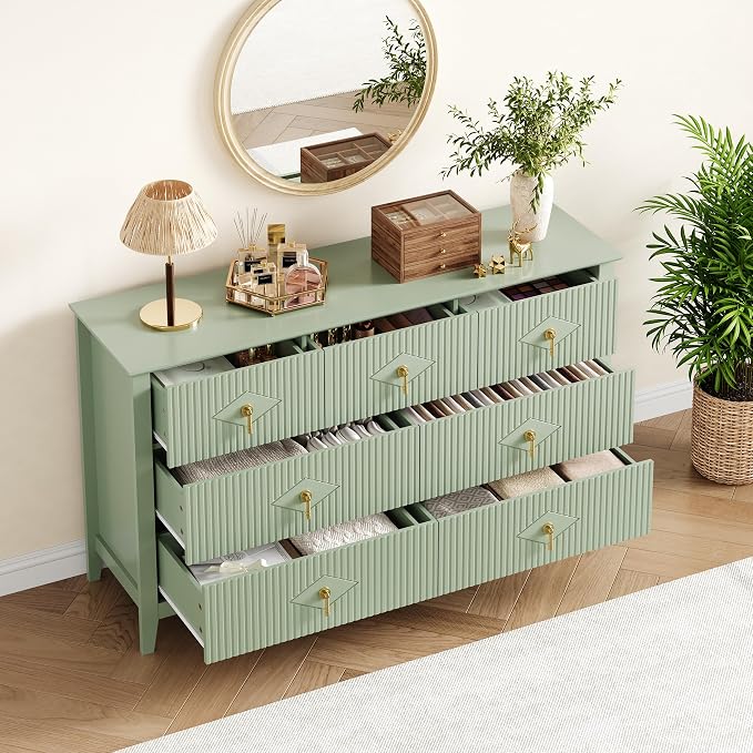 GarveeHome Fluted Dresser for Bedroom, 54 in Wide 7-Drawer Wood Dresser, Modern Chest of Drawers, Storage Organizer Cabinet for Living Room, Hallway, Entryway, Green - Image 6