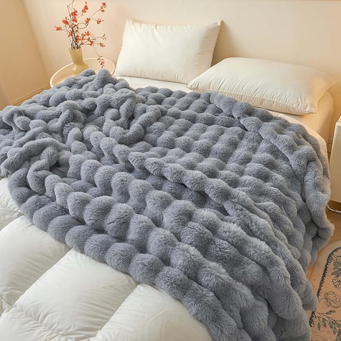 LIFEREVO Luxury Fluffy Faux Rabbit Fur Throw, Plush Fuzzy Bubble Blanket for Couch Sofa, Soft Cute Furry Bed Blanket Home Decoration, Shaggy Throw for Bedroom Living Room Office, 50x60, Light Grey