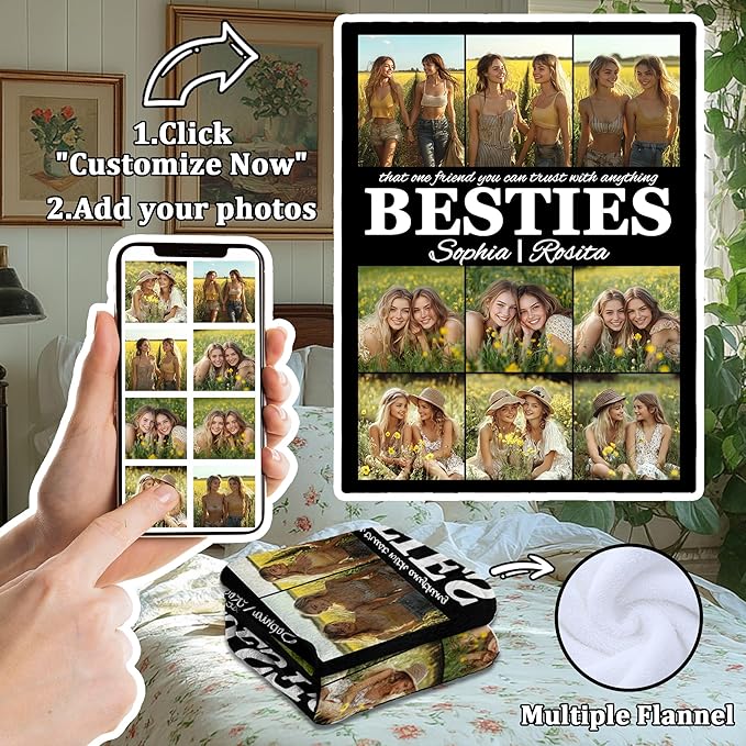 for Women, Personalized Gifts Friend Blanket with Pictures, Custom Photo Blanket for Best Friend Women, Customized Christmas Birthday Gifts for Best Friend, Besties, BFF