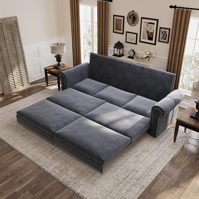 Eafurn 93.7" King Size Pull Out Sofa Bed, 3-in-1 Convertible Sleeper Sofa Couch Bed with Nailhead Decor and Rolled Arms, Velvet Oversized Chesterfield Loveseat Chaise Lounge
