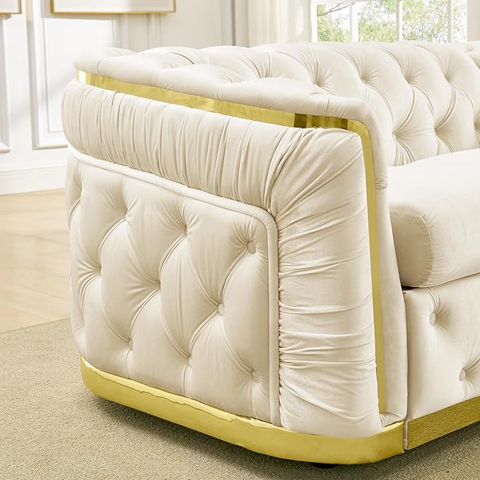 KEIKI 85" Luxury Oversized Velvet Chesterfield Sofa with 2 Pillow & Gold Stainless Decoration, Italian Modern Style 3-Seater Button Tufted Couch with Rolled Arms, Easy Assembly, for Living Room, Beige