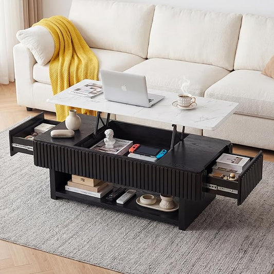 47.4" Rectangle Lift Top Coffee Table with Drawer & Hidden Storage, Modern Fluted Coffee Table with Marble-Pattern Top & Solid Wood Strips, Center Table for Living Room Apartment,Black & White