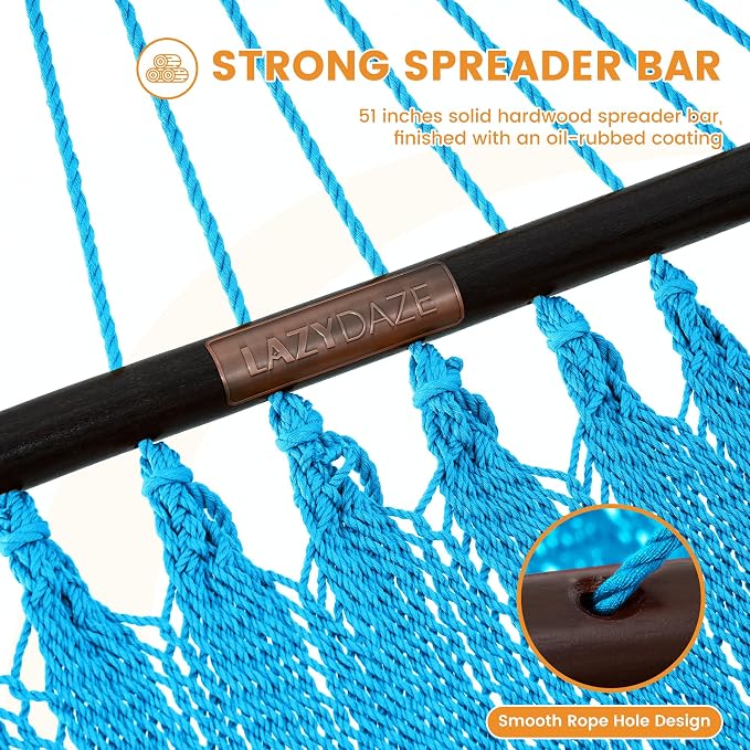 Lazy Daze Hammocks 10.5 FT Double 2 Person Caribbean Rope Hammock, Hand Woven Polyester Hammock with Spreader Bars, for Outside Outdoor Backyard Patio Poolside, 450 LBS Capacity, Sky Blue - Image 5