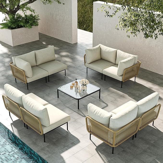 LayinSun 9 Pieces Aluminum Patio Furniture Set, Modern Modular Sectional Sofa with Coffee Table and Upgrade Thickness Cushion