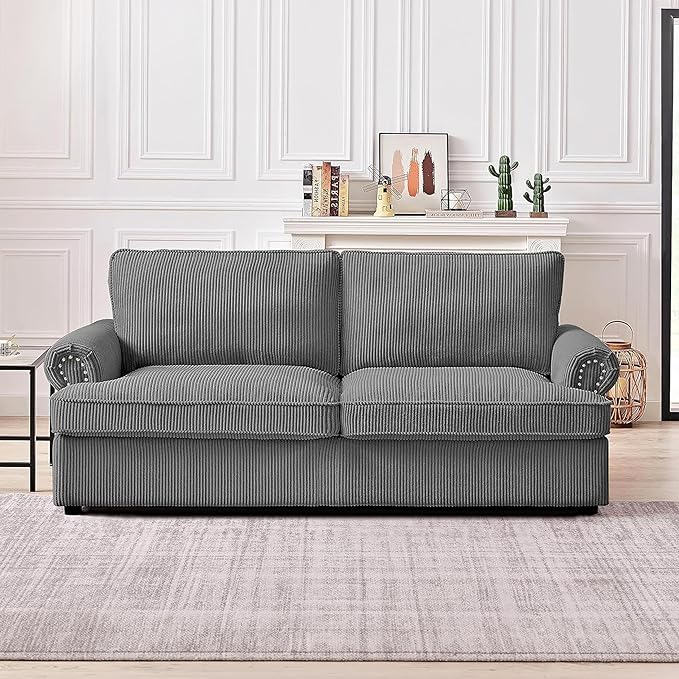 Reversible Sleeper Sofa Bed with Comfortable Memory Foam Mattress, Convertible Corduroy Full Size Pull Out Couch for Living Room, Space Saving Furniture, 76" Wide, Rounded Arms, Grey