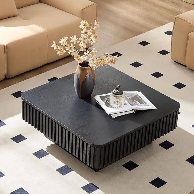 WILLIAMSPACE 35.43" Lift Top Coffee Table with Hidden Storage & Sturdy Base, Modern Luxury Square Wood Handcraft Drum Center Table Accent End Tea Table for Living Room, Minimalist Fluted Design, Black