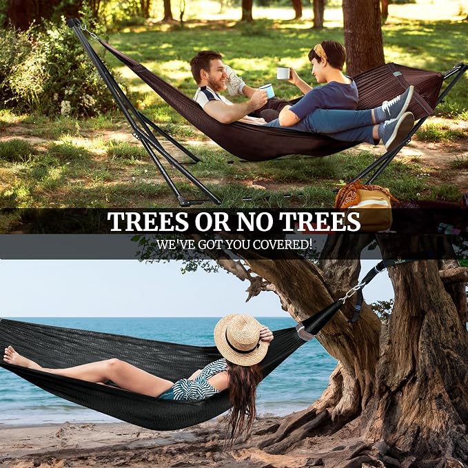 Tranquillo Combo x2 Hammocks with Stand for Outside & Tree Straps, Heavy Duty Hammock with Stand 600lbs for Indoor Outdoor Patio Backyard, x2 Hammocks for 2 Person (Combo - Brown, Medium) - Image 8