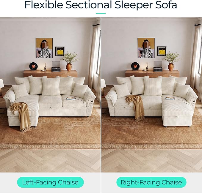 LINSY HOME 90.5'' Sectional Sleeper Sofa with Pull Out Couch Bed Modular (Beige, 90.5'') | USB Charging, Pillow-style Armrest, Multiple Cushions, Storage Chaise, Corduroy Fabric