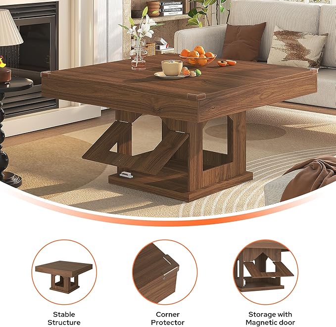 Square Coffee Table, Wood Coffee Table with Storage, Farmhouse Cat House Low Center Tables Cocktail Table for Living Room, Rustic Brown