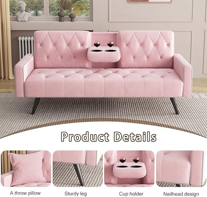 KEIKI 72" Velvet Loveseat Sofa Bed with Nailhead Accents & Tufted Backrest, 3-in-1 Convertible Sleeper with Cup Holders for Small Spaces, Pink