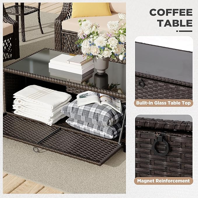 HOMREST 6 Piece Patio Furniture Set, Wicker Outdoor Conversation Sofa Set with Swivel Chairs, Loveseat, Storage Coffee Table, Rattan Outdoor Sectional for Deck Backyard Porch（7 Seats, Khaki