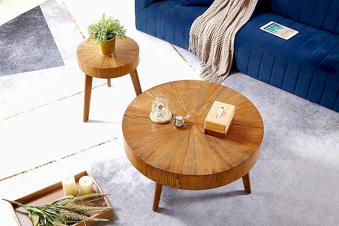 Gexpusm Round Wood Coffee Tables for Living Room, Farmhouse Circle Coffee Table, Mid Century Wooden Rustic Coffee Tables for Apartment, Easy Assembly (Only Coffee Table, 31.50" Dx31.50 Wx14.29 H)