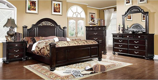 24/7 Shop at Home Syracuse 6-Piece Traditional Solid Wood Bedroom Set with Chest, Mirrored-Dresser and 2 Nightstands, Box Spring Required for Bedroom, Guest Room, Queen, Walnut