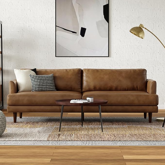SIMPLIHOME Livingston Sofa - 90 inch Wide Top Grain Genuine Leather Sofa in Caramel Brown, Mid-Century Modern 3-Seater Couch for Living Room with Feather-Wrapped Cushions and Solid Wood Frame
