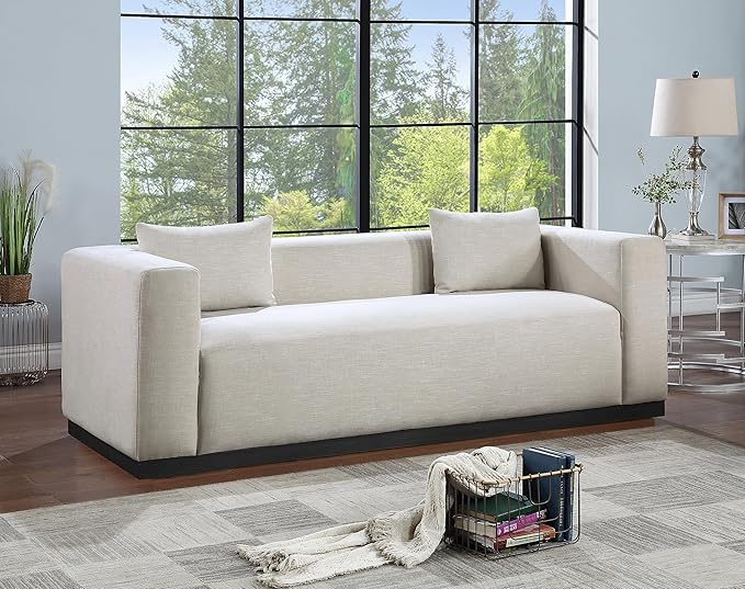 Meridian Furniture 642Beige-S Alfie Collection Modern | Contemporary Sofa with Rich Beige Linen Textured Fabric, Black Finish Solid Wood Base, 90.5" W x 36" D x 28.5" H, Beige