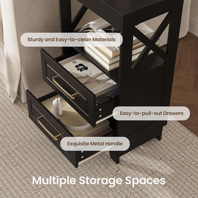 Tall Nightstand Set of 2 Side Table with 2 Drawers Modern Night Stand Wooden End Table Bedside Table with Upper Open Shelf Solid Feet for Bedroom Black - Image 4