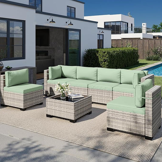 7-Piece Outdoor Patio Furniture Set, PE Wicker Rattan Sectional Sofa Conversation Set with Tempered Glass Table & Thick Cushions - All-Weather Garden, Backyard Furniture, Light Green