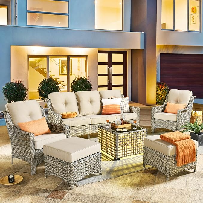 HOOOWOOO 6 Piece Patio Furniture Conversation Sets with Sola Light Table,Outdoor Wicker Furniture with Ottoman, All Weather Resistant Outside High Back Rattan Patio Set(Beige Tan)
