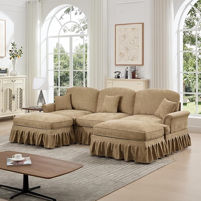 KEIKI Mid Century Modular Sofa with Flared Arms and Skirted Design, 107” Oversized 3-Seater with 2 Ottomans Chenille U-Shaped Sectional Couches for Living Room, Chaise Lounge Indoor, Light Coffee