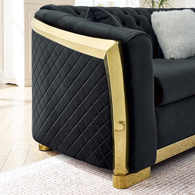 KEIKI 106" L-Shaped Luxury Velvet Chesterfield Sectional Sofa with Gold Stainless Steel Accents and 5 Pillows, Mid-Century Oversized 5-Seater Button Tufted Couch, Easy Assembly, for Living Room, Black
