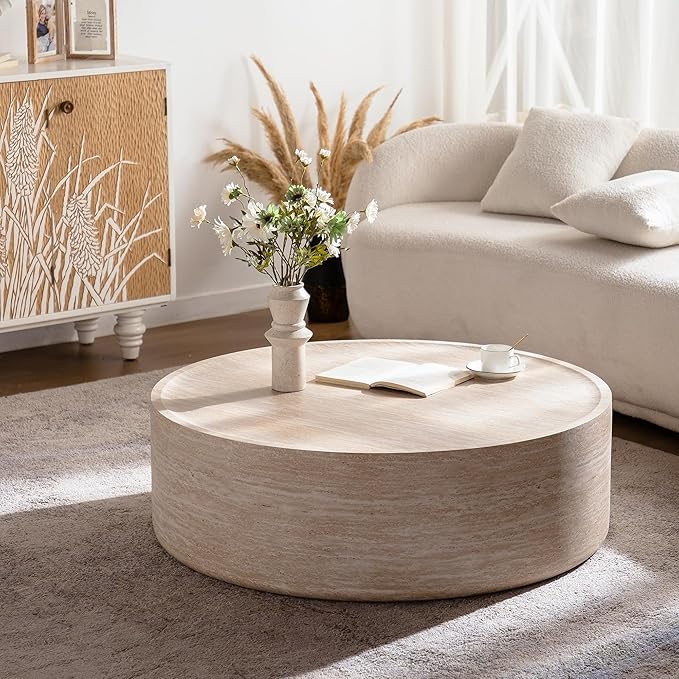 Round Coffee Table in Faux Marble, 39.37" W × 12" H Stone Coffee Tables for Living Room, Modern Drum Center MDF Vintage Design Low, Office, Apartment No Assembly Required Beige Mars