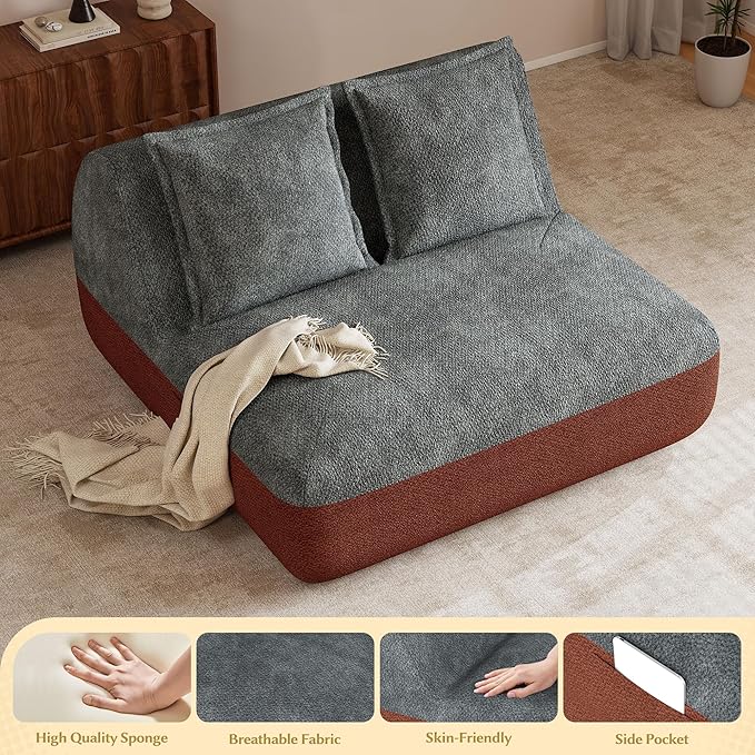 Hobestluk Small Couches for Small Spaces,42” Mini Loveseat Sofa 2-Seater Armless Sofa Chair with Side Pocket for Living Room,Bedroom,Dorm,Office (Terracotta+Grey)