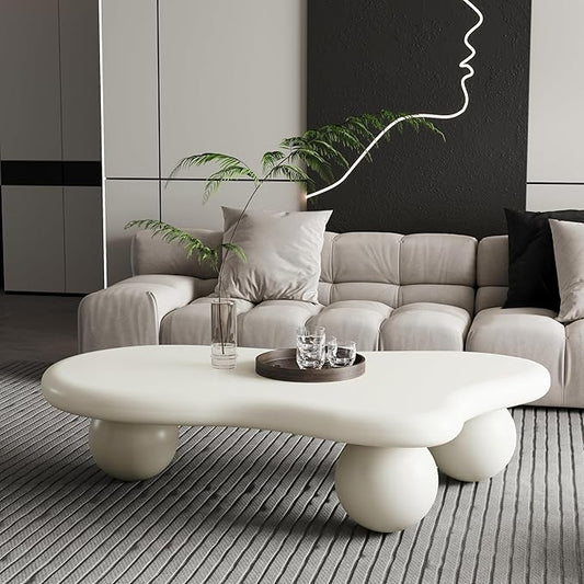 40" Modern White Coffee Table Cloud Shape Low Center Table Cute Irregular Indoor Tea Table with 3 Ball Legs for Living Room Small Space
